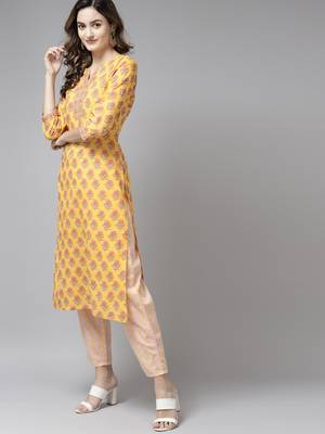 Yellow printed cotton ethnic-kurtis 2