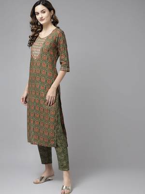 Olive printed cotton ethnic-kurtis 2