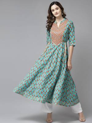 Sky-blue printed cotton kurtas-and-kurtis 1