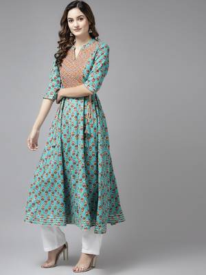 Sky-blue printed cotton kurtas-and-kurtis 2