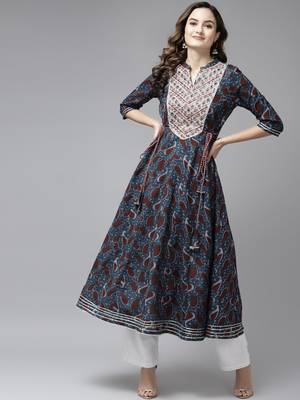Teal-blue printed cotton kurtas-and-kurtis 1
