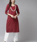 Maroon embroidered cotton kurtas-and-kurtis