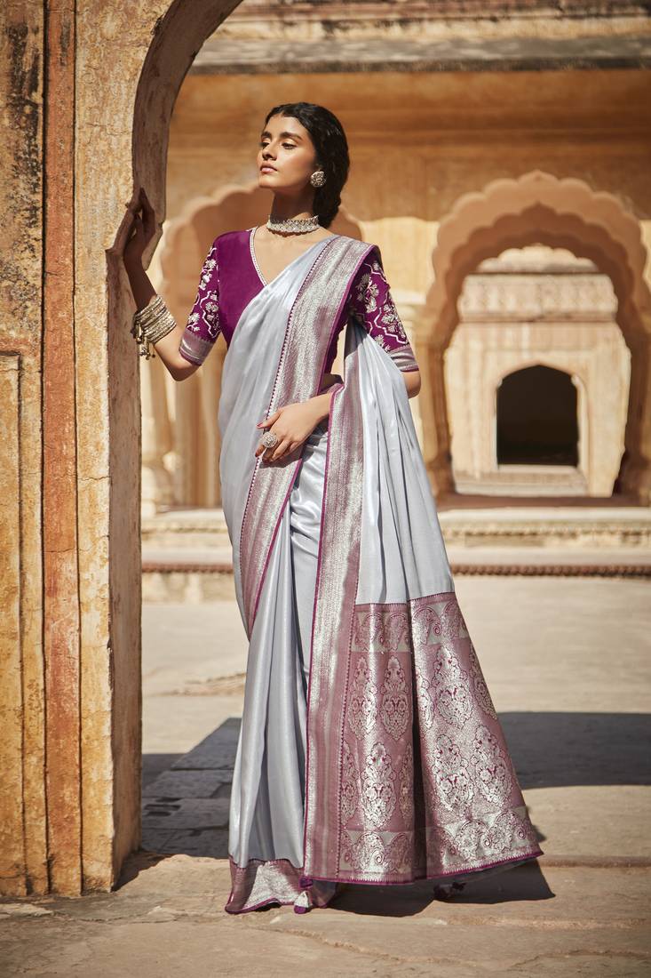 Silver woven silk saree with blouse