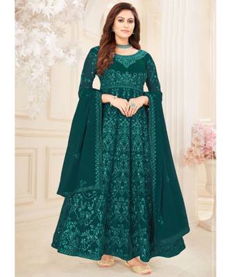 Dark Teal Lucknowi Embroidered Anarkali Suit 1