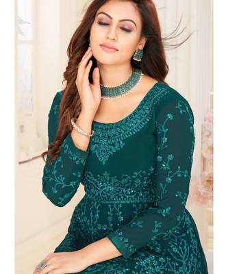 Dark Teal Lucknowi Embroidered Anarkali Suit 2