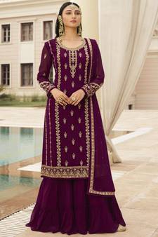 Wine Golden Zari Embroidered Designer Gharara Suit