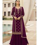 Wine Golden Zari Embroidered Designer Gharara Suit
