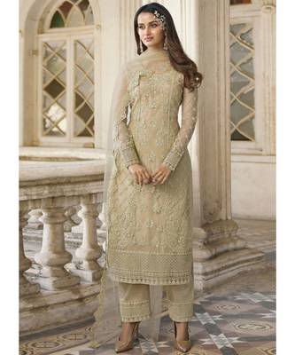 Beige Golden Pakistani Designer Pant Style Suit 1