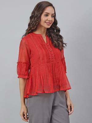 Red plain blended cotton tunics 4
