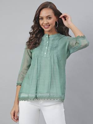 Janasya Green plain blended cotton tunics 1