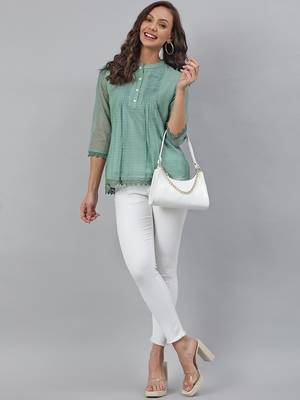 Janasya Green plain blended cotton tunics 2