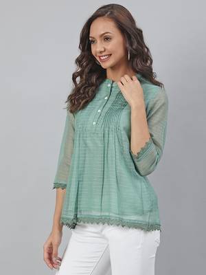 Janasya Green plain blended cotton tunics 3