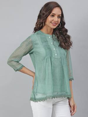 Janasya Green plain blended cotton tunics 4