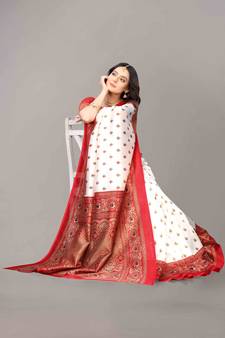 Red printed art silk saree with blouse
