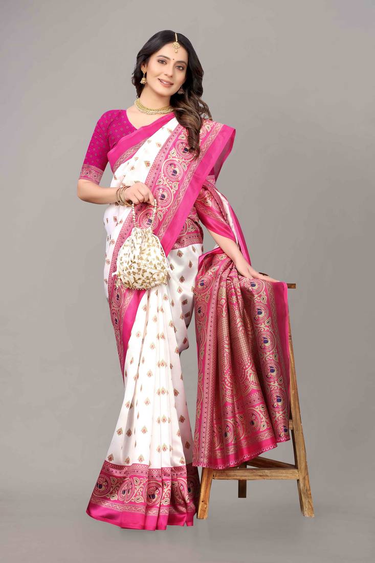 Pink printed art silk saree with blouse