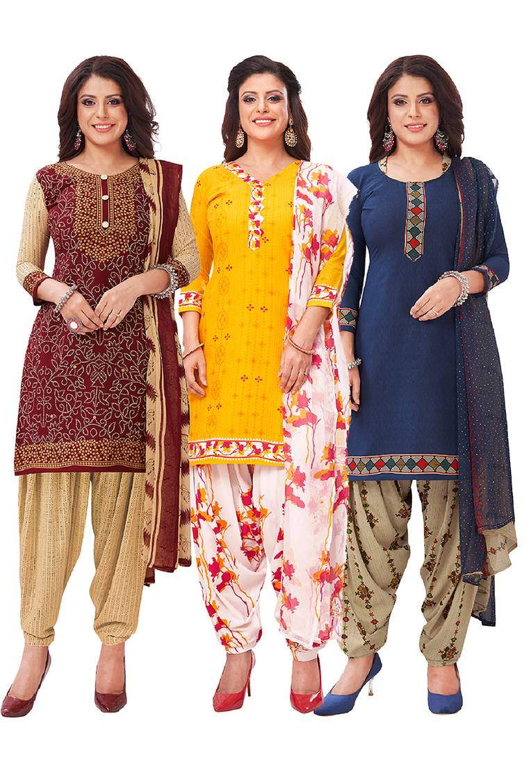 Salwar Studio Women's Pack of 3 Synthetic Printed Unstitched Dress Material Combo