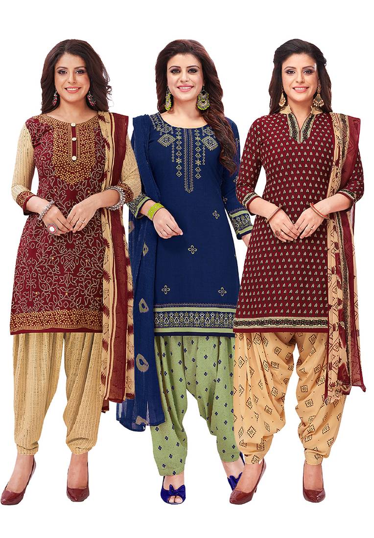 Salwar Studio Women's Pack of 3 Synthetic Printed Unstitched Dress Material Combo