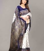 Navy blue printed art silk saree with blouse
