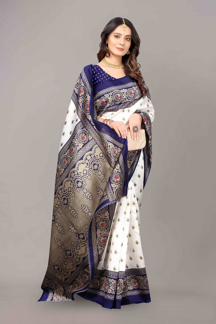 Navy blue printed art silk saree with blouse
