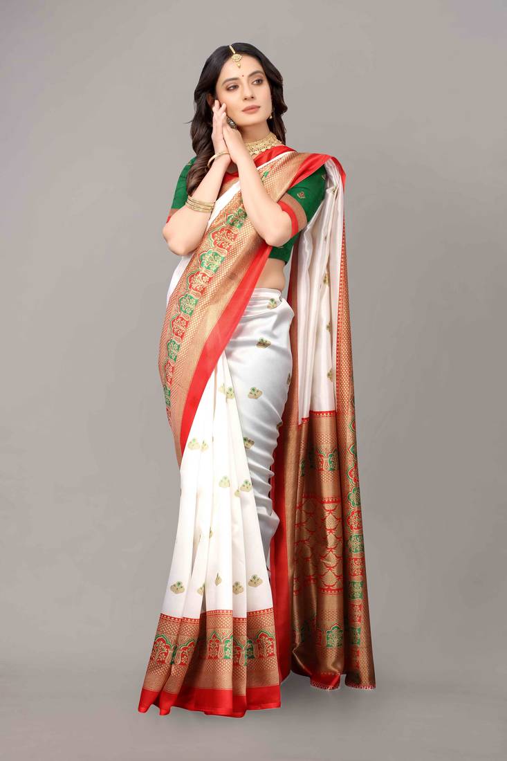 Red printed art silk saree with blouse