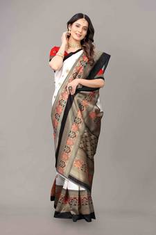 Black printed art silk saree with blouse