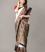 Black printed art silk saree with blouse