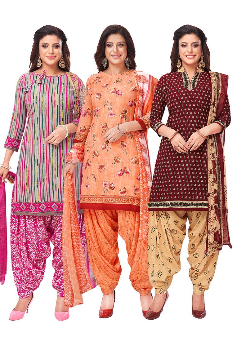 Salwar Studio Women's Pack of 3 Synthetic Printed Unstitched Dress Material Combo