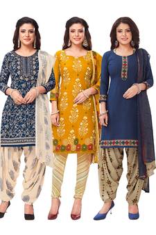 Salwar Studio Women's Pack of 3 Synthetic Printed Unstitched Dress Material Combo
