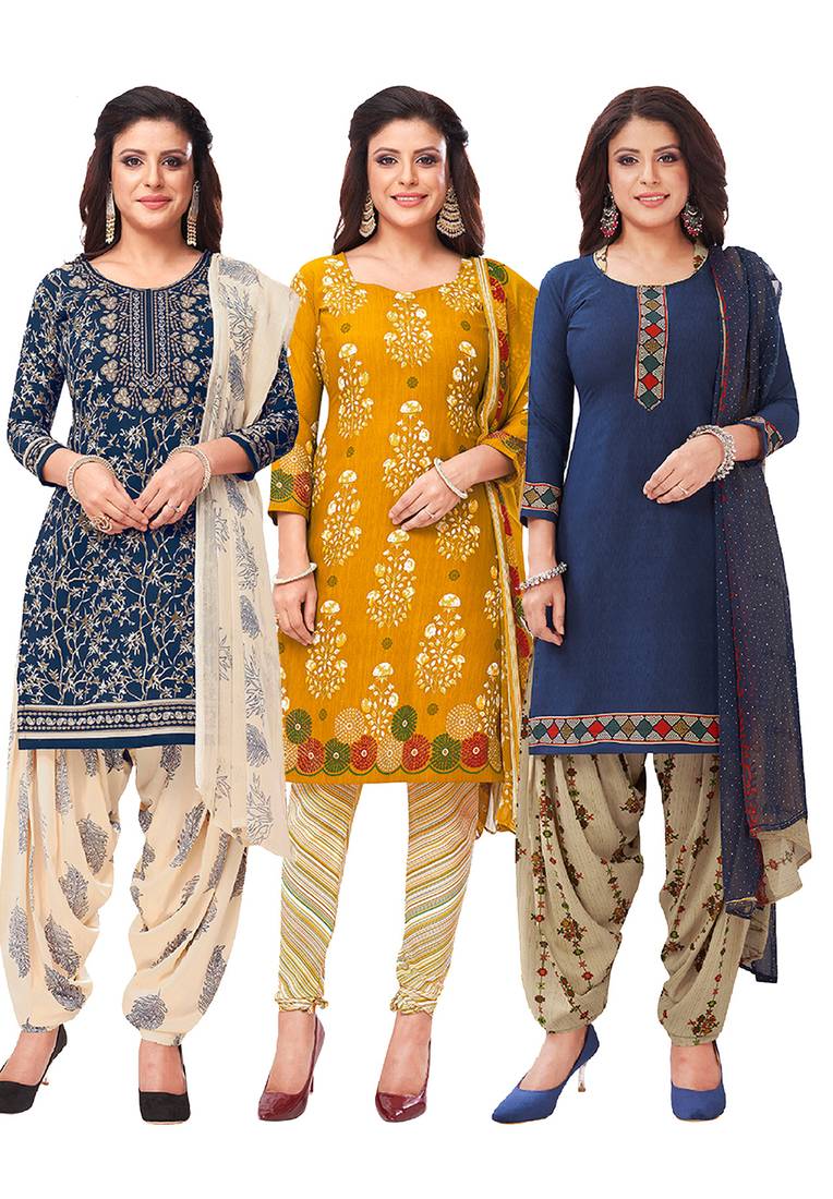 Salwar Studio Women's Pack of 3 Synthetic Printed Unstitched Dress Material Combo