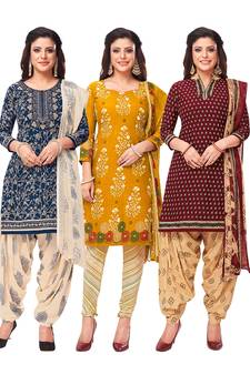 Salwar Studio Women's Pack of 3 Synthetic Printed Unstitched Dress Material Combo
