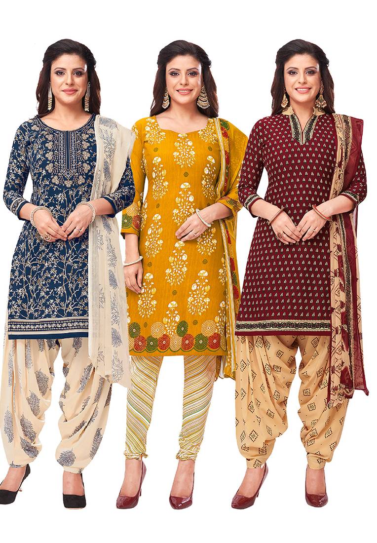 Salwar Studio Women's Pack of 3 Synthetic Printed Unstitched Dress Material Combo