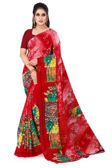 Red printed faux georgette saree with blouse