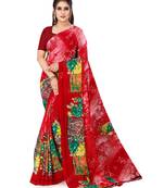 Red printed faux georgette saree with blouse