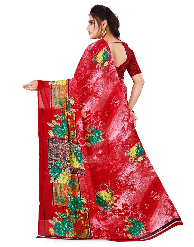 Red printed faux georgette saree with blouse