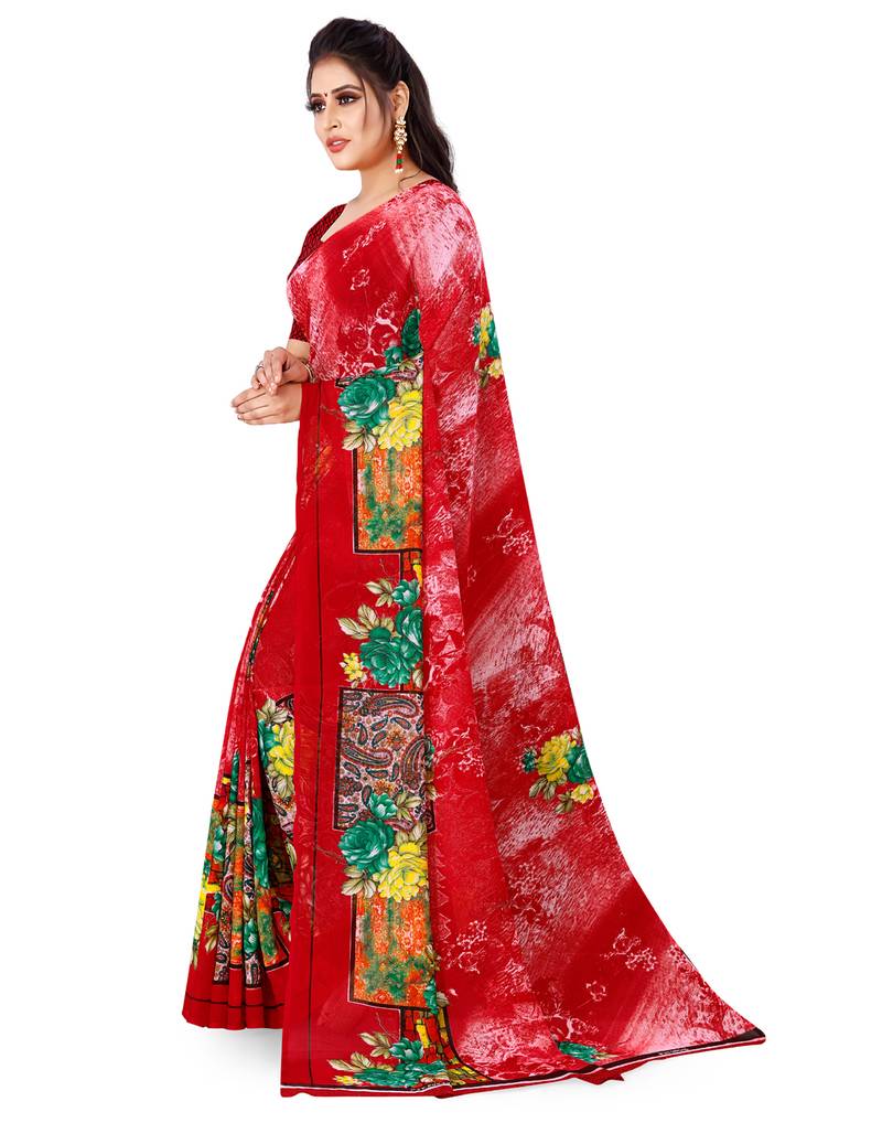Red printed faux georgette saree with blouse