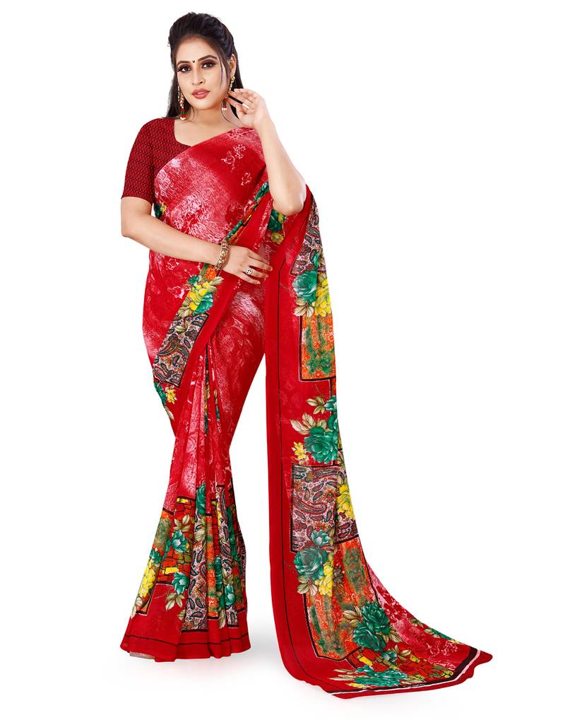 Red printed faux georgette saree with blouse