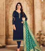 Navy Blue & Teal Satin Georgette Embroidered Dress Material With Banarasi Dupatta