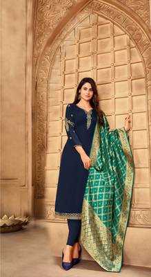Navy Blue & Teal Satin Georgette Embroidered Dress Material With Banarasi Dupatta 2