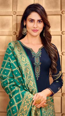 Navy Blue & Teal Satin Georgette Embroidered Dress Material With Banarasi Dupatta 3