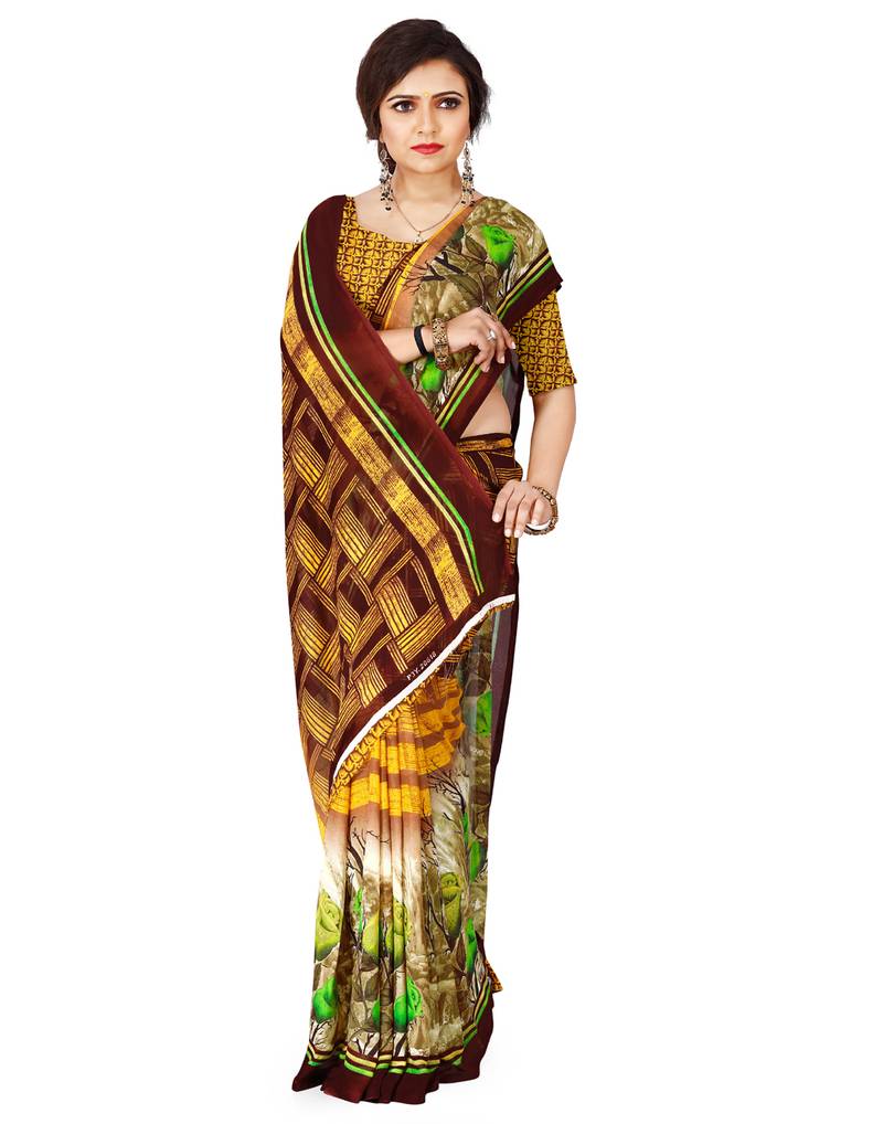 Multicolor printed faux georgette saree with blouse