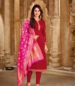 Red & Pink Satin Georgette Embroidered Dress Material With Banarasi Dupatta
