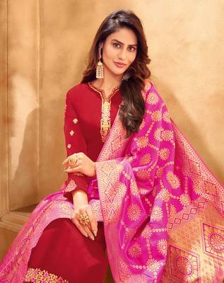 Red & Pink Satin Georgette Embroidered Dress Material With Banarasi Dupatta 2