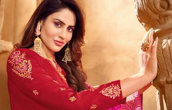 Red & Pink Satin Georgette Embroidered Dress Material With Banarasi Dupatta 3