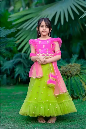 fuchsia pink and green hand embroidered zari work lehenga