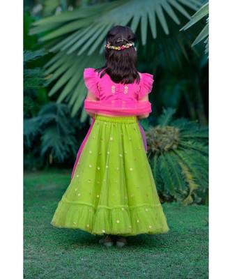 fuchsia pink and green hand embroidered zari work lehenga 5