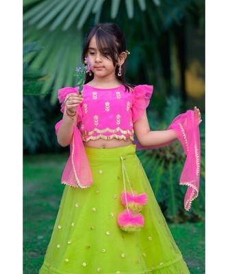 fuchsia pink and green hand embroidered zari work lehenga 6
