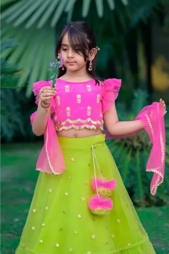 fuchsia pink and green hand embroidered zari work lehenga