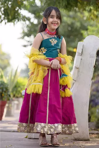 hand embroidered zari work green magenta  lehenga