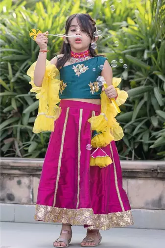 hand embroidered zari work green magenta  lehenga