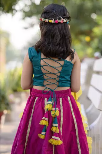hand embroidered zari work green magenta  lehenga